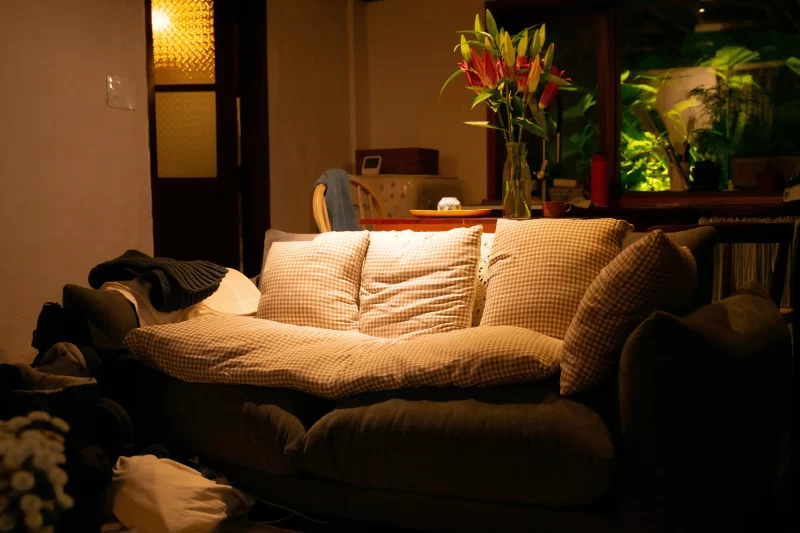a imagem mostra um sofá confortável com uma luz amena para assistir comfy movies em casa